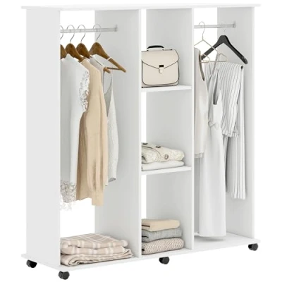 Afbeelding van HOMCOM Kledingkast, mobiele opbergkast, 6 wielen, 120 x 40 128 cm, spaanplaat, wit