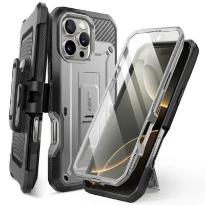 Afbeelding van SUPCASE Unicorn Beetle Pro Hoesje Geschikt voor Apple iPhone 16 Stofdichte Case Met Ingebouwde Screenprotector Full Protect valbescherming Holster en Kickstand Grijs