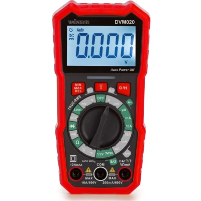 Afbeelding van Velleman Digitale multimeter, datahold, geschikt voor het meten van AC/DC stroom, spanning, weerstand, batterijspanning, continuïteit, temperatuur, inclusief meetsnoeren