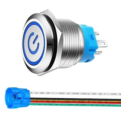 Afbeelding van Gebildet Roestvrijstalen drukknopschakelaar, 22 mm, 12 V 24 V, 5 A, 1NO1NC SPDT ON Off, waterdicht, met stopcontact (blauwe led)