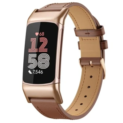 Afbeelding van MoKo Horlogebandje van echt leer, compatibel met Fitbit Charge 6/Fitbit 5, voor dames en heren, bruin