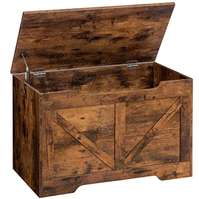Afbeelding van Kist, kistbank met deksel, zitbank opbergruimte, speelgoedkist, opbergdoos, 2 ringen, robuust, stabiel, voor kinderen, hal, woonkamer, donkerbruin
