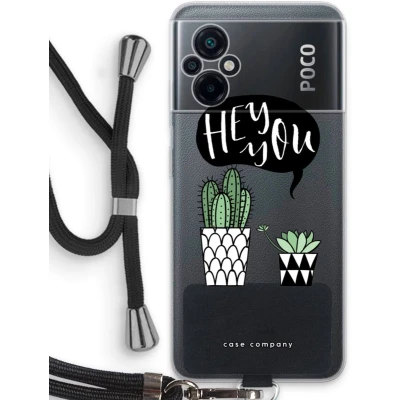 Afbeelding van Case Company® hoesje met Koord geschikt voor Xiaomi Poco M5 Hey you cactus Telefoonhoesje Zwart Bescherming aan alle Kanten en Over de Schermrand