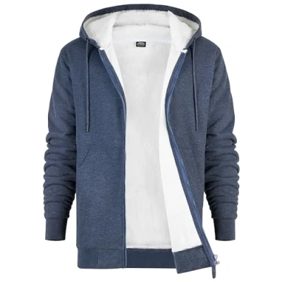 Afbeelding van Hoodie voor heren met ritssluiting, fleecetrui gevoerde jas, herenkleding, winter, warm, maten M XXXL, Marine.