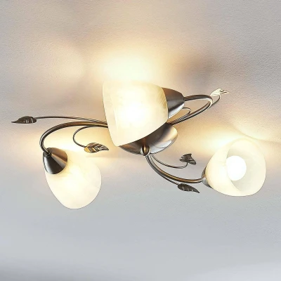 Afbeelding van Lindby plafondlamp 3lichts metaal, glas H: 13 cm E14 nikkel, wit