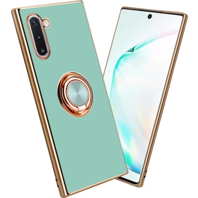 Afbeelding van Cadorabo Hoesje geschikt voor Samsung Galaxy NOTE 10 in Glossy Turquoise Goud met ring Beschermhoes van flexibel TPU silicone Case Cover camerabescherming en magnetische autohouder