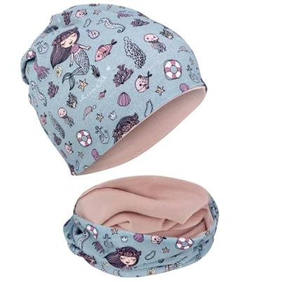Afbeelding van HECKBO Muts en sjaal voor kinderen, 95% katoen omkeerbaar met jersey of fleece, herfst, lente, winter, zacht onderhoudsvriendelijk stretchmateriaal, uniseks, Zeemeermin