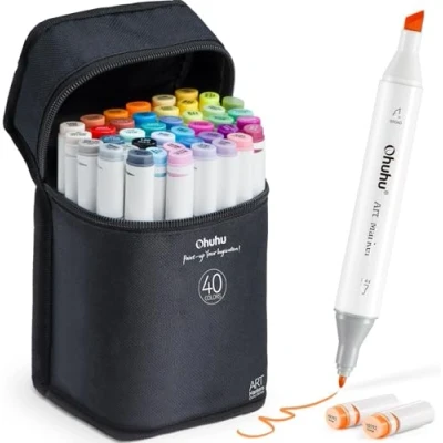 Afbeelding van Ohuhu 40 kleurige Alcohol marker, dubbele punten permanente markeringen voor kinderen, Markeerstift Sketch markers het tekenen van volwassen kleuren, op basis