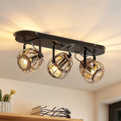 Afbeelding van Lindby buitenspot 3lichts rotan, staal H: 19 cm E14 mat zwart, licht hout