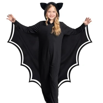 Afbeelding van Spooktacular Creations Vleermuiskostuum voor kinderen, kostuum met vleermuisvleugels, zwarte vleermuispak jongens, meisjes Halloween Medium (8 10 jaar)
