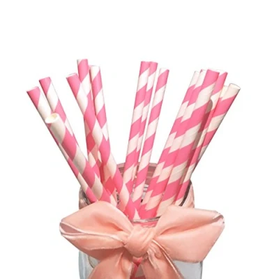 Afbeelding van Rozerood en wit papieren rietjes, 19,7 cm, 100 stuks, voor prinses, decoratie van het geluksfeest