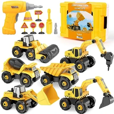 Afbeelding van Afneembare Bouwvoertuigen Graafmachines Vrachtwagen met Speelgoedboor en Opbergdoos, 6 in 1 Doe het zelfbouw Educatief Geschenk Elektrische Boorspeelgoedset voor Jongens Meisjes 3 4 5