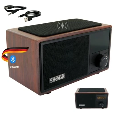 Afbeelding van SCHWAIGER 715729 Analoge klokradio QI FM laadstation Bluetooth Luidspreker Muziekdoos Radio AUX Micro SD Wireless Charger Smart wekker houtlook