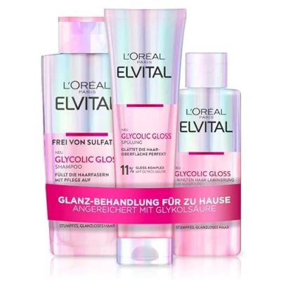 Afbeelding van L&#039;Oréal Paris Elvital Glycolic Gloss shampoo, conditioner, 5 minuten voor dof haar, verzorgingsroutine gezond en glanzend 3 flessen