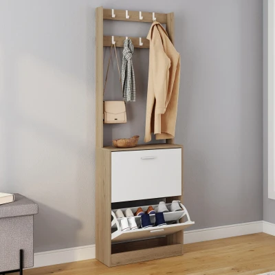 Image de Vestiaire d&#039;entrée KLARK meuble chaussures 2 portes effet bois et blanc IDMarket