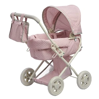 Afbeelding van Teamson Kids Luxe Poppenwagen Voor Babypoppen Accessoires Poppen Kinderspeelgoed Roze/Grijs/Polka Dot