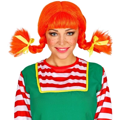 Afbeelding van Widmann Pippi Langkous Kostuum Pruik Met Buigbare Staarten Rood Carnavalskleding Verkleedkleding