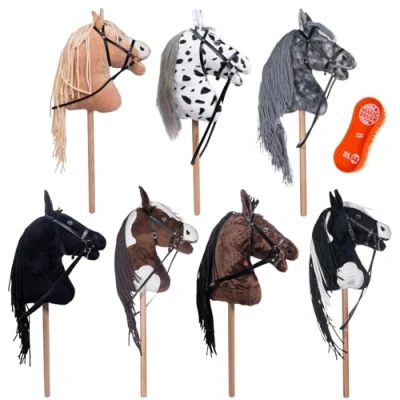 Afbeelding van RL24 HKM Paardenhoofd met rijborstel &quot;Magic Brush&quot;, kop houten stok, lange pluche manen, zonder handgrepen of wielen, hobby horse, bruin/wit