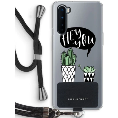 Afbeelding van Case Company® hoesje met Koord geschikt voor OnePlus Nord Hey you cactus Telefoonhoesje Zwart Bescherming aan alle Kanten en Over de Schermrand