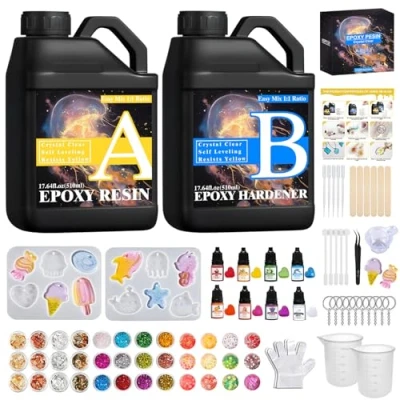 Afbeelding van TOSUTO Transparante epoxyhars, 1020 ml 1:1 epoxyhars ambachten, epoxyharskit met verf, glitter, bladgoud, voor het maken van sleutelhangers, sieraden