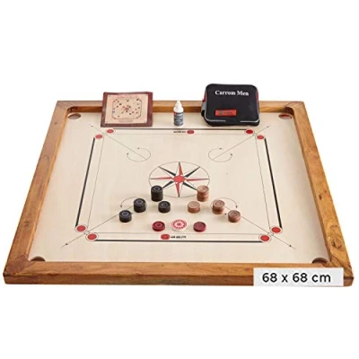 Afbeelding van Ubergames Carrom Board compacte set 4 kg hoogwaardig milieuvriendelijk hardhout complete met officiële schijven.