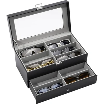 Afbeelding van ProCase Brillendoos, Ranger 12 zonnebrillen of zichtbrillen, 2 vakken met vitrine, glazen afdekking, schokbestendig, zonder verlies beschadiging, zwart