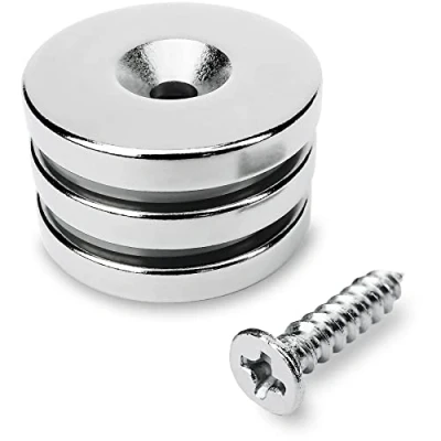 Afbeelding van Sensei 3 stuks neodymium magneet rond 25 x 4 mm, met schroefgat, 9 kg aantrekkingskracht + schroeven inbegrepen