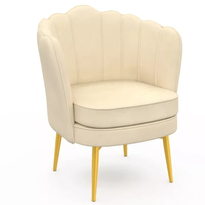 Afbeelding van Fauteuil coquillage ADELLA crème en velours pieds dorés