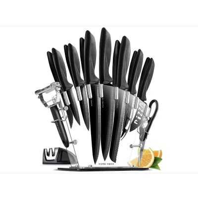 Afbeelding van 17 delige Keukenmessenset met Messenblok Acryl Professionele Rvs Keuken Messenset Blok, Kokmessen Set, 6 Steakmessen, Messenslijper, Dunschiller, Schaar