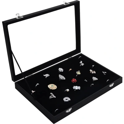 Afbeelding van Kurtzy Zwarte Fluwelen Ring Sieraden Opbergdoos Lade met 100 Sleuven en Deksel Showcase Organizer Houder Helder Transparant Glazen voor Ringen, Oorbellen Manchetknopen