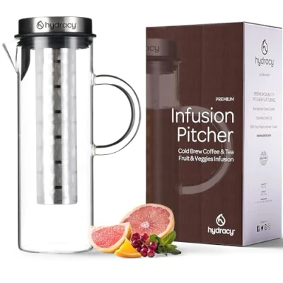 Afbeelding van Hydracy 1,5 liter glazen brouwkaraf met handvat, koffiezetapparaat voor ijskoffie en ijsthee roestvrijstalen deksel filter, extra fruitinfuusbuis,