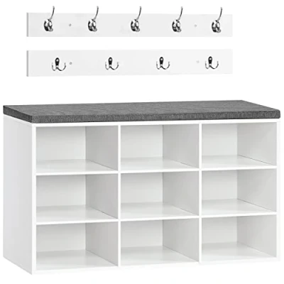 Afbeelding van HOOBRO Schoenenbank, opbergbank met 9 vakken, schoenenrek, kapstok, 80 x 30 48 cm, ingang, hal, slaapkamer, wit en grijs EWT89HX01