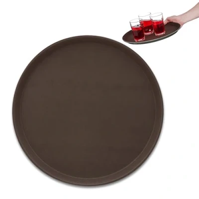 Afbeelding van Relaxdays horeca dienblad bruin rond serveerblad antislip Ø 35cm opstaande rand