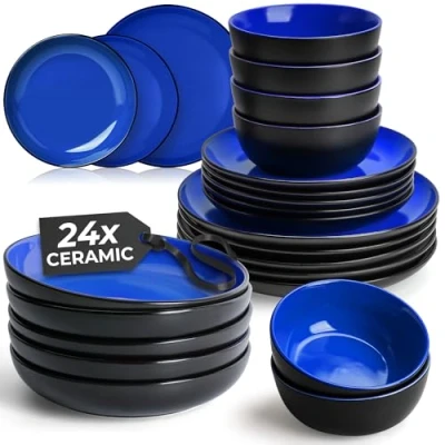 Afbeelding van MIAMIO 24 delig tafelservies voor 6 personen/servies van aardewerk inclusief borden, diepe borden en kommen magnetron vaatwasmachinebestendig collectie Le Papillon (blauw)