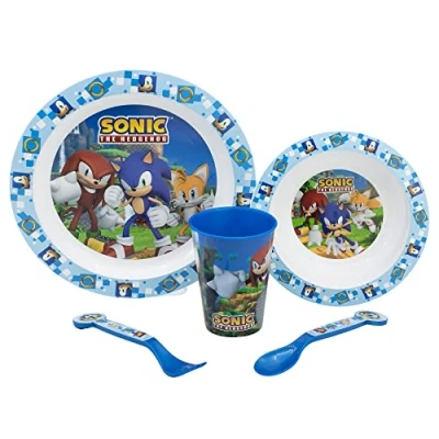 Afbeelding van Sonic Kinderserviesset, 5 delig, met borden, glazen kom en bestek, 260 ml, BPA vrij, magnetronbestendig
