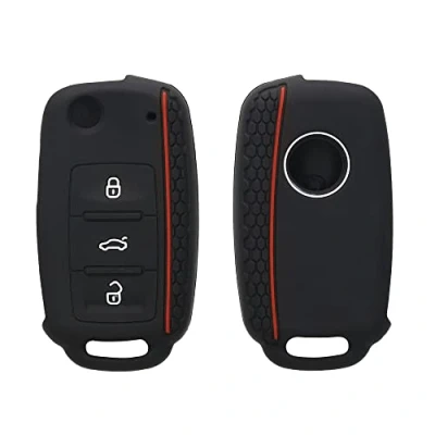 Afbeelding van kwmobile autosleutel hoesje geschikt voor VW Skoda Seat 3 knops hoes Siliconen behuizing Auto sleutel case met honingraat Sleuteletui in zwart / rood