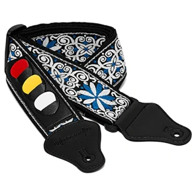 Afbeelding van World Rhythm WR 212 Gitaarriem van katoen, geborduurd, blauw, voor elektrische, akoestische, klassieke en basgitaren met plectrumhouder plectrums, 149 cm