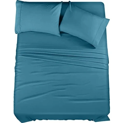Afbeelding van Utopia Bedding 4 delige beddengoedset van geborstelde microvezel, krimp en kleurecht, onderhoudsvriendelijk (tweepersoonsbed, denimblauw)