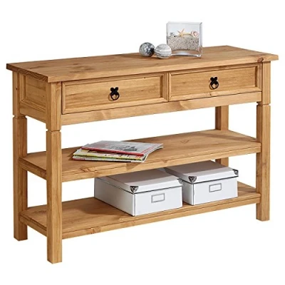 Afbeelding van IDIMEX Tequila console meubels in Mexicaanse stijl met 2 laden en planken, consoletafel van natuurlijk hout, perfecte entreeconsole voor thuis, getint/gewaxte afwerking