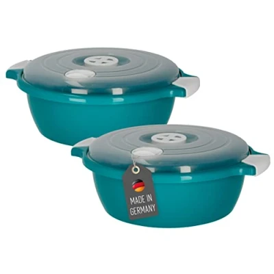 Afbeelding van Lantelme Set van 2 microgolfovenschalen met stoomventiel, 1,8 liter, Made in Germany, stapelbaar, vaatwasmachinebestendig, kunststof, groen