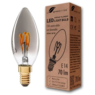 Afbeelding van greenandco® Vintage led gloeilamp, E14, C35, zilvergrijs, 2 W, 70 lm, 1800 K (warm wit), 360 graden, 230 V, niet dimbaar
