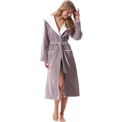 Afbeelding van Morgenstern Badjas voor dames met capuchon, 100% katoen, badstof, Leonie fluweel, Oeko Tex gecertificeerd, Taupe grijs/beige