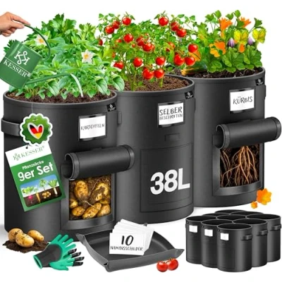 Afbeelding van KESSER® Set van 3 plantenzakken voor aardappelen, 38 liter, vliesstof, met naamlabels, raam en handgrepen, wasbaar handschoenen werkmat, groen