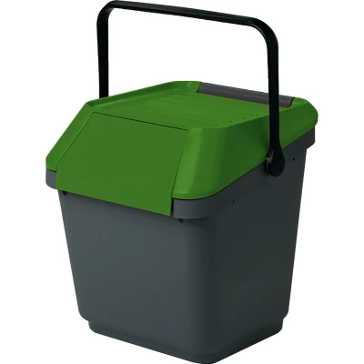 Afbeelding van Afvalemmer stapelbaar 35 liter grijs met groen deksel Handvat EasyMax