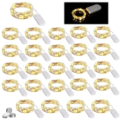 Afbeelding van Nizirioo Lichtsnoer op batterijen, led, 25 stuks, 1 m, werkt IP67, waterdicht, koperdraad, voor feest, Kerstmis, slaapkamer, bruiloft, verjaardagsdecoratie (warm wit)