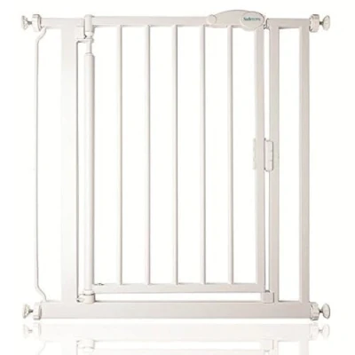 Image de Safetots barrière d&#039;escalier à fermeture automatique, extra fine, 61 cm 66,5 cm, blanche, de sécurité pour tout petits, installation facile