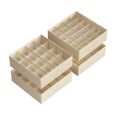 Afbeelding van SONGMICS Set van 4 lade organizer, 80 vakken (2 x 16 + 2 24), opvouwbare kastorganizer, 30 10 cm, dozen voor sokken, ondergoed, riemen, zandbeige RUS011K01