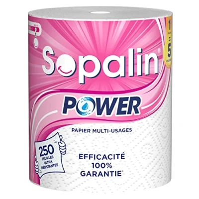 Afbeelding van Sopalin Power Multifunctionele papieren handdoek 1 rol = 5 klassieke rollen 250 vellen zeer robuust verpakking bestaande uit ten minste 80% gerecyclede kunststof FSCTM gecertificeerd