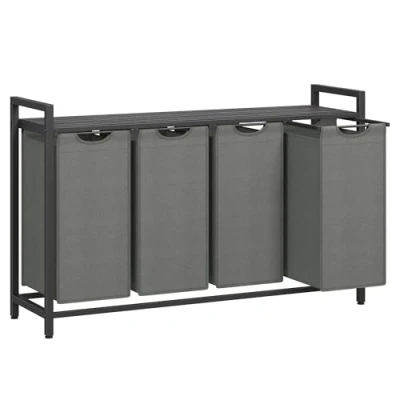Afbeelding van VASAGLE Wasmand, mand voor vuile was, 4 vakken, afneembare zakken van Oxford stof, legplank, metalen frame, x 40 l, 116 33 72 cm, zwart en grijs, BLH401G01