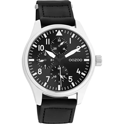 Afbeelding van Oozoo Herenhorloge met genaaide nylon armband en klittenbandsluiting 42 mm diameter, wijzerplaat in chrono look, zilver/zwart/zwart, Lanyards